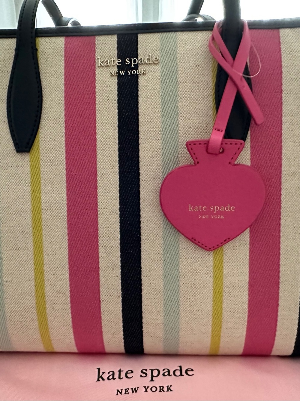 kate spade Pink, Navy, Yellow and Cream Striped Canvas Tote with Heart Tag